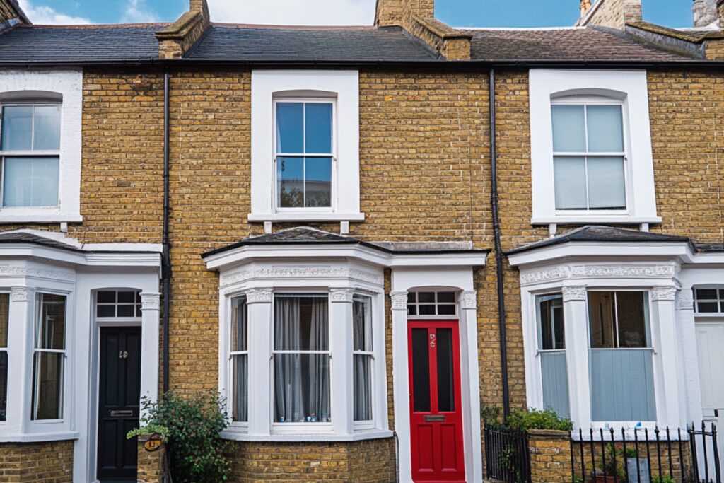 Front view of a terraced house with a bright red door