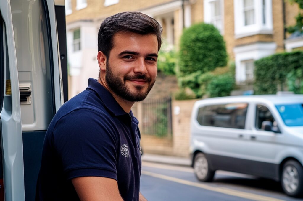 A man and van sitting on the side of the van in the concept of 'What Types of Items Can Be Transported by a Man and Van Service in Canary Wharf'.
