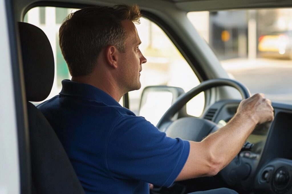 A man with a van driving in a London street in the concept of 'What Are Man and Van Services in Canary Wharf'.